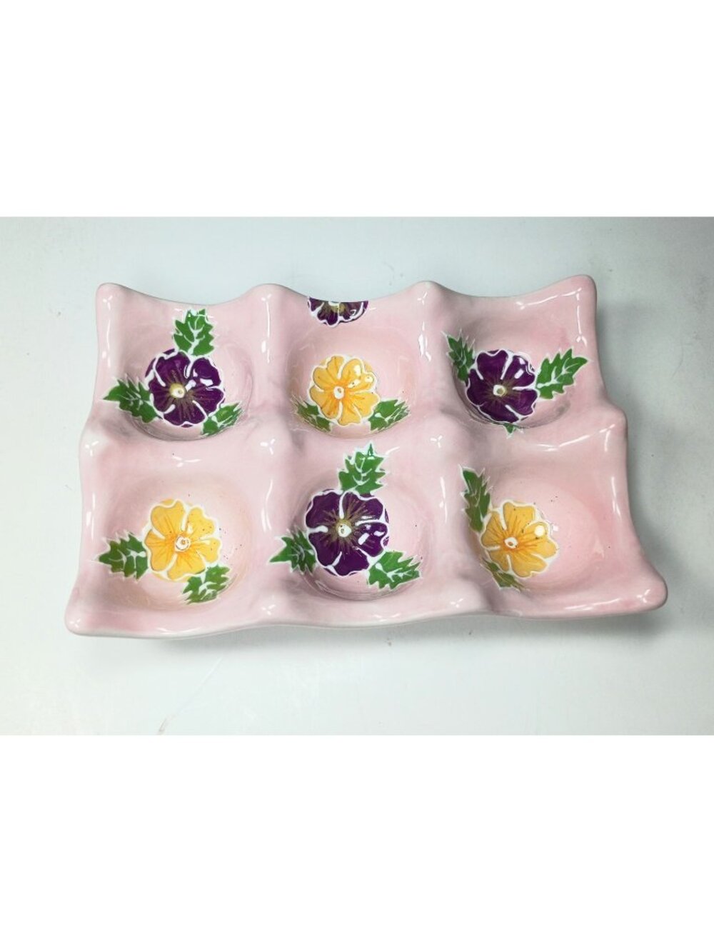Vintage Ganz Ceramic Floral 6 Egg Holder Dish Tray Carton Handpainted